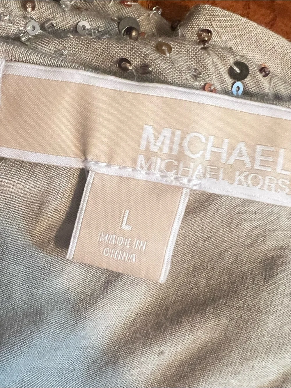 Michael Kors sequin & bead embellished taupe tank top L